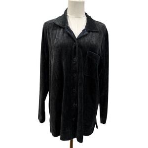 Liz Claiborne Gray Velour Button Up Long Sleeve Top Women L Holiday Fall Winter